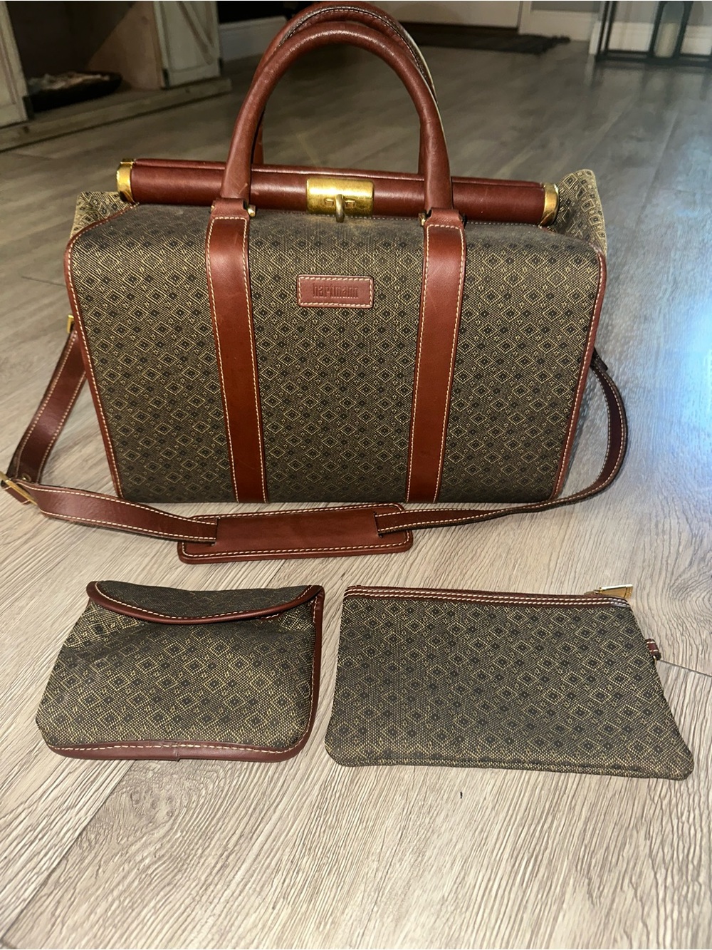 HARTMANN Jacquard Wings Collection Congac Leather Trim Cosmetic Case